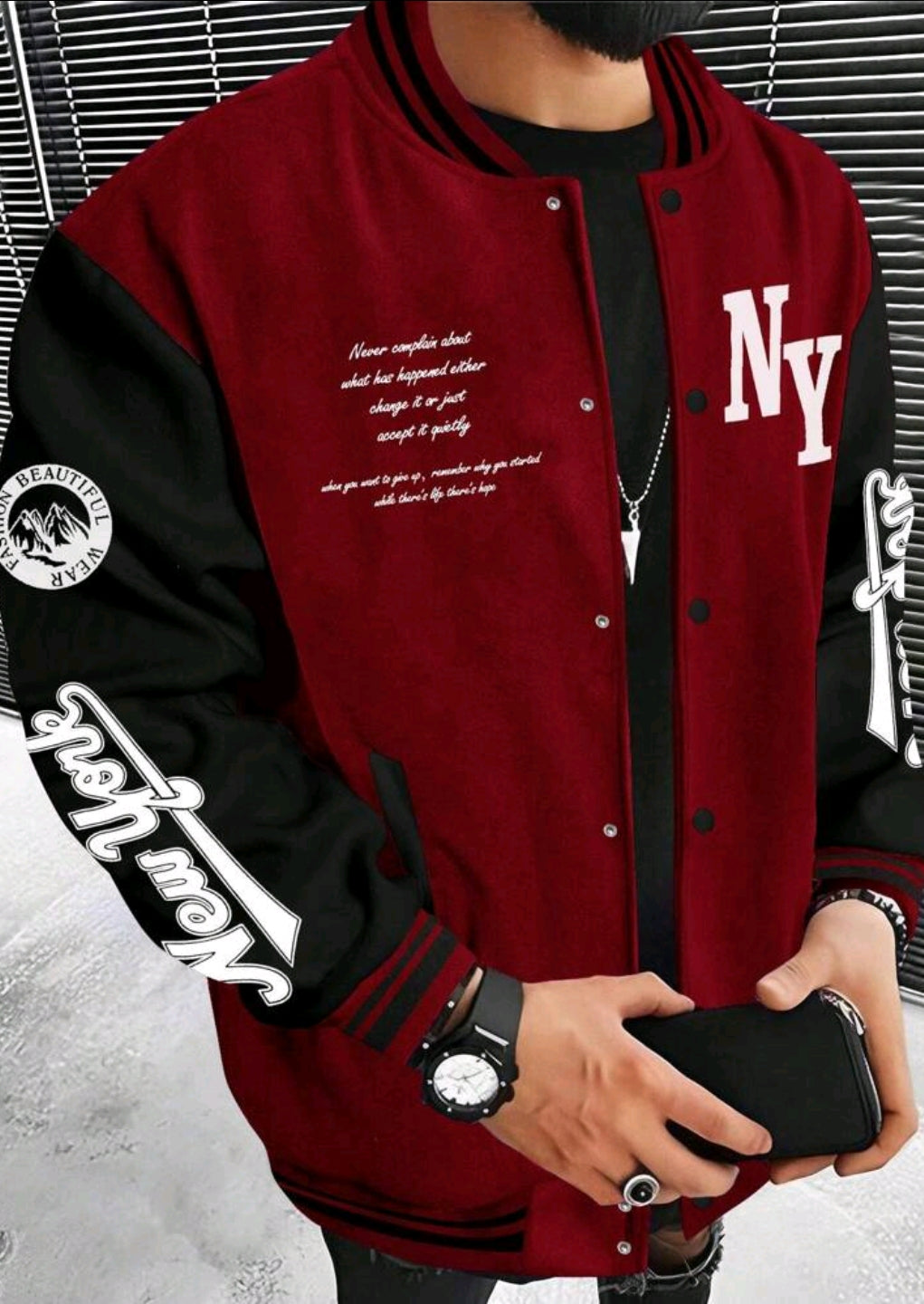 Manfinity Roughcore Men's Color-Block Slogan Print Long-Sleeve Casual Baseball Bomber Jacket – Street Style – Autumn
