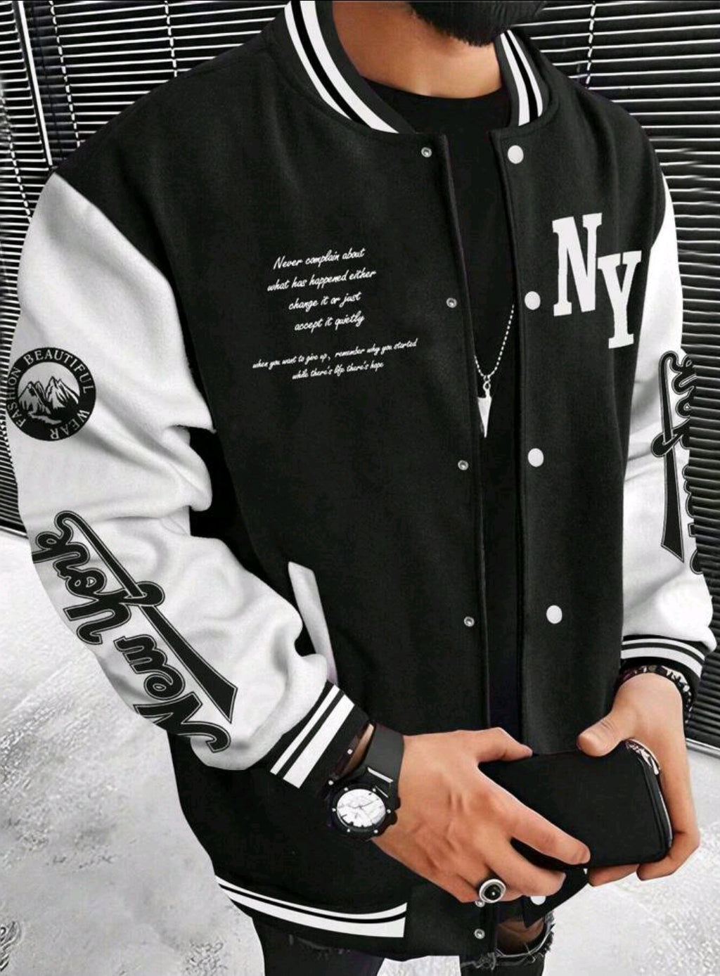 Manfinity Roughcore Men's Color-Block Slogan Print Long-Sleeve Casual Baseball Bomber Jacket – Street Style – Autumn
