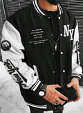Manfinity Roughcore Men's Color-Block Slogan Print Long-Sleeve Casual Baseball Bomber Jacket – Street Style – Autumn