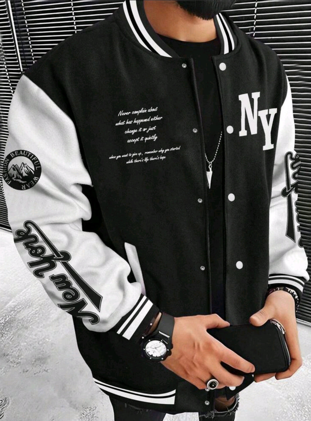 Manfinity Roughcore Men's Color-Block Slogan Print Long-Sleeve Casual Baseball Bomber Jacket – Street Style – Autumn