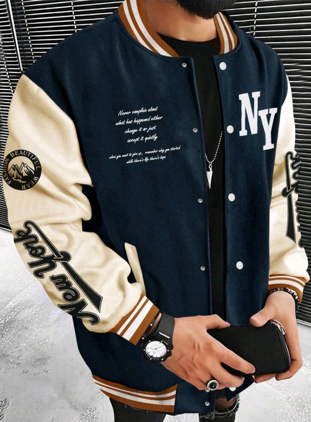 Manfinity Roughcore Men's Color-Block Slogan Print Long-Sleeve Casual Baseball Bomber Jacket – Street Style – Autumn
